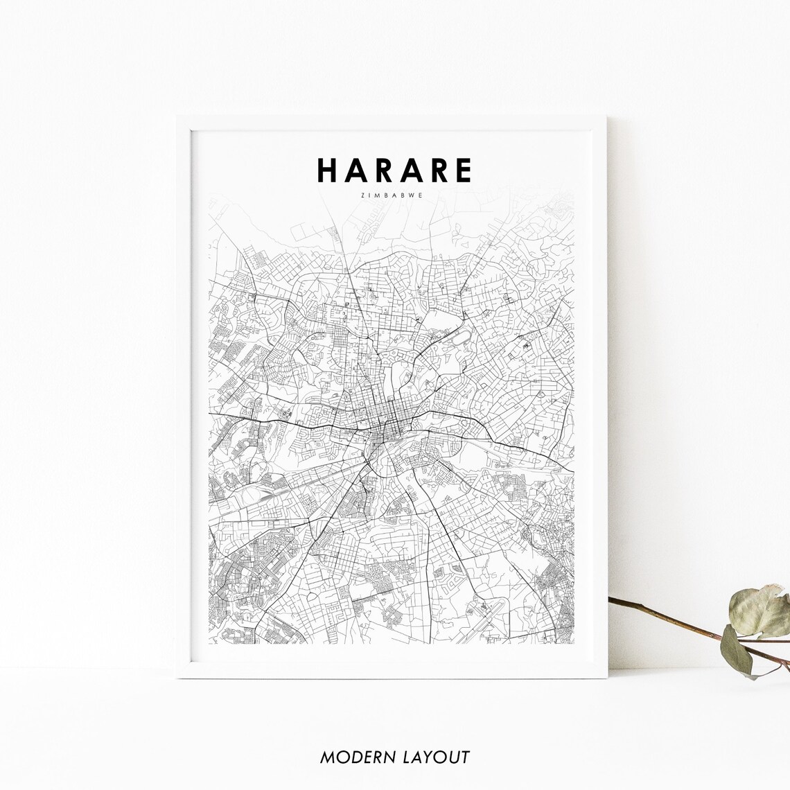 Harare Zimbabwe Map Print, City Street Road Poster