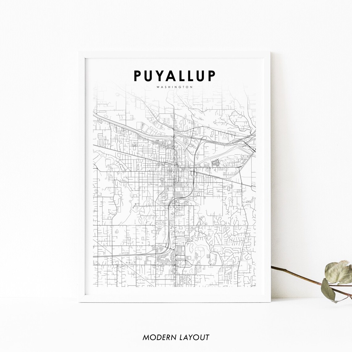 Puyallup Washington Minimalist Black And White City Street Map Poster