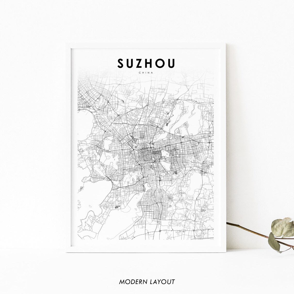 Suzhou China Minimalist Black and White City Street Map Wall Art