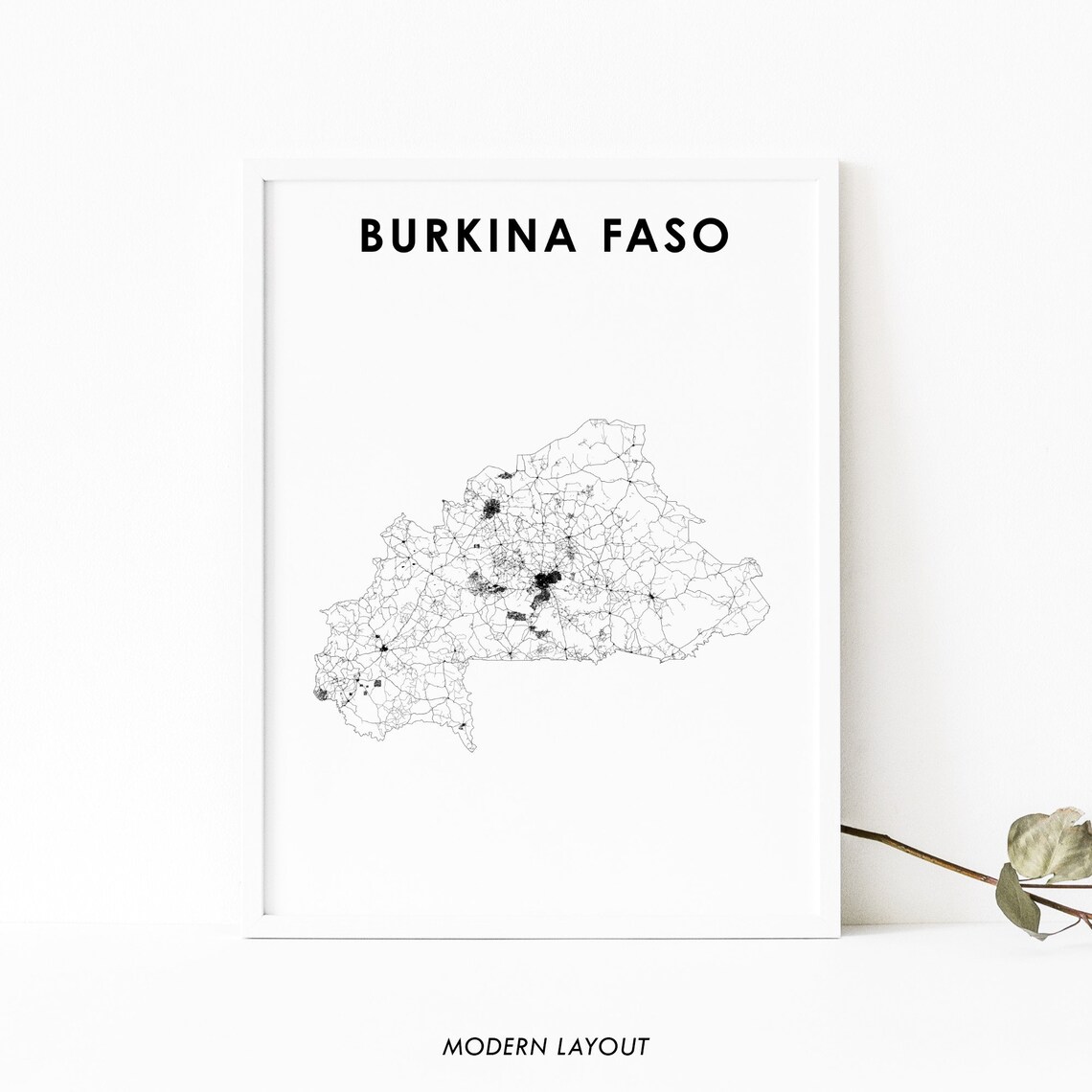 Burkina Faso Minimalist Black And White Country Road Map Modern Art Poster