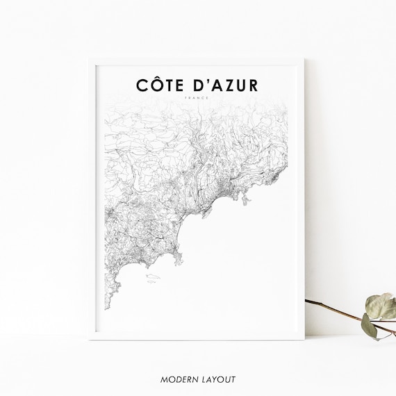 Cote Dazur France Map Art Print, French Riviera