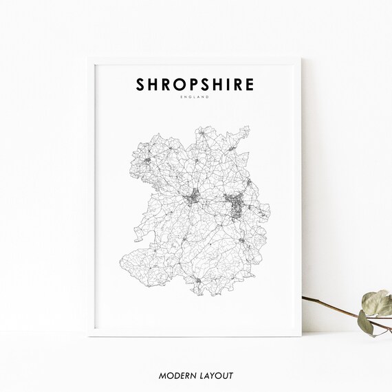Shropshire England Map Print Uk United Kingdom Road Art Poster Salop Shrops Nursery Room Wall Office Decor