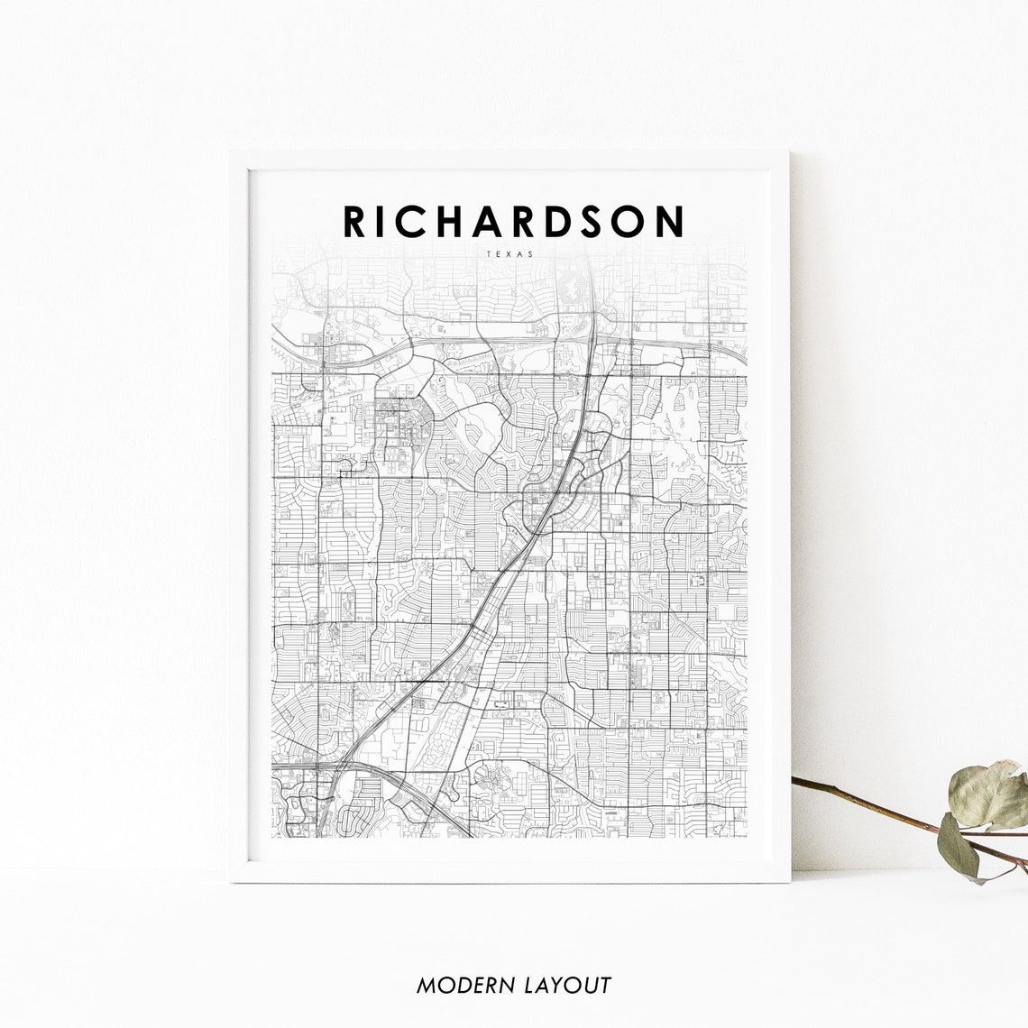 Richardson Texas Minimalist City Street Map Black Line Art Poster