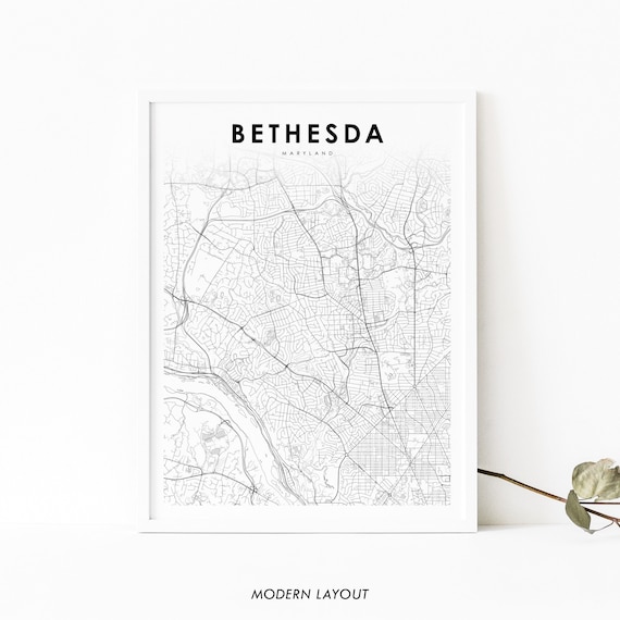 Bethesda Maryland Modern Minimalist Black White Street Map Poster