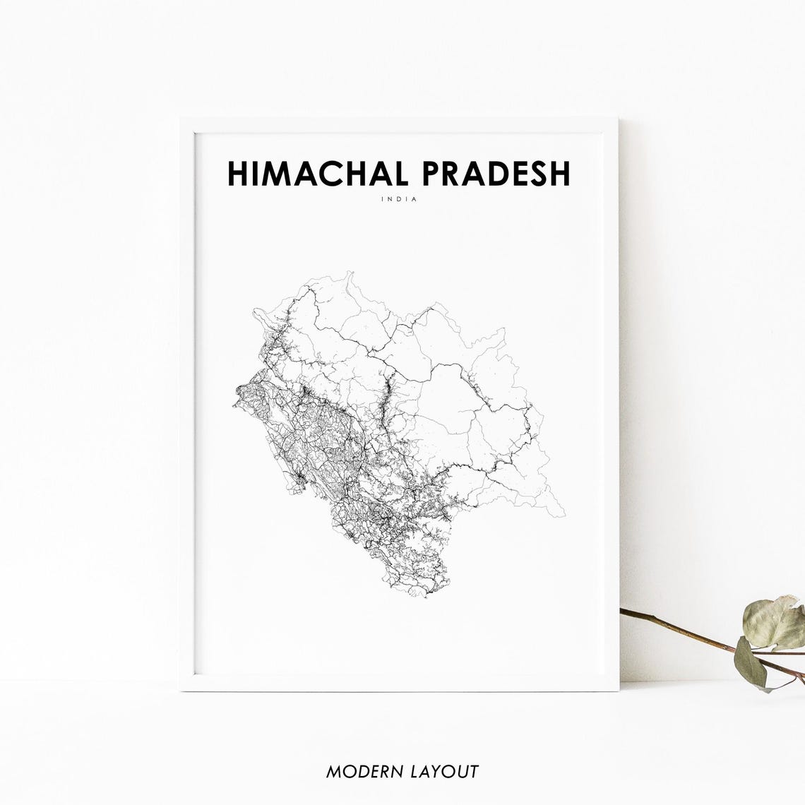 Himachal Pradesh India Road Map Minimalist White Design Wall Art