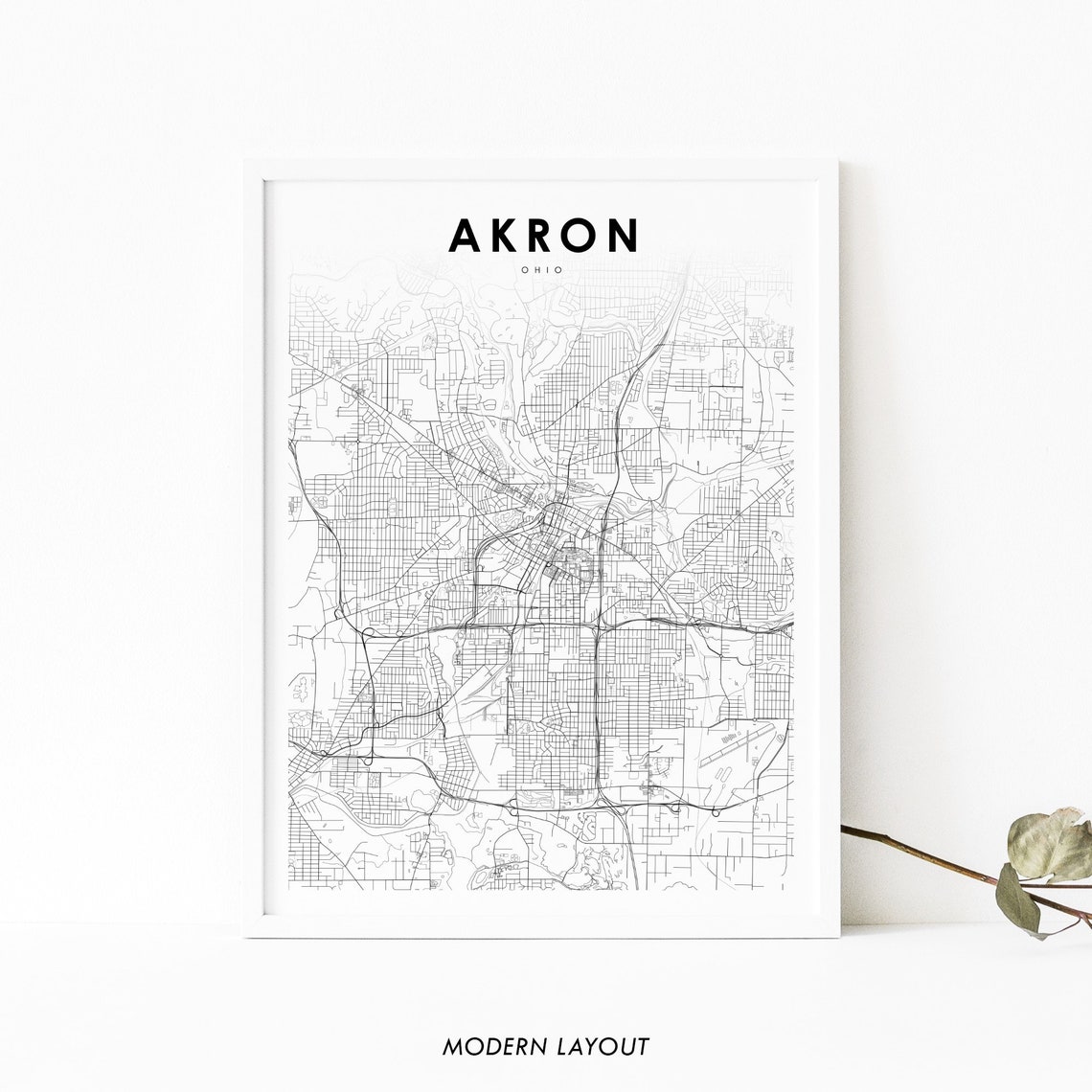 Akron Ohio Modern City Street Map Minimalist Black And White Poster