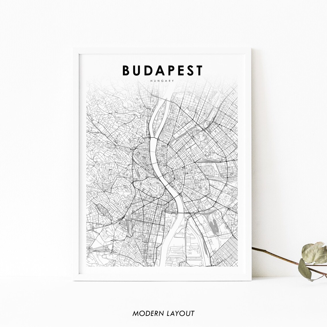 Budapest Hungary Minimalist City Street Map Black and White Poster