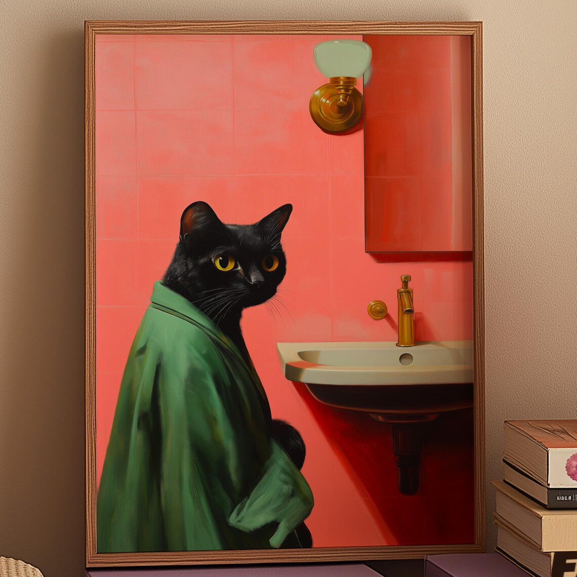 Black Cat Bathroom Art Print, Retro Modern Decor