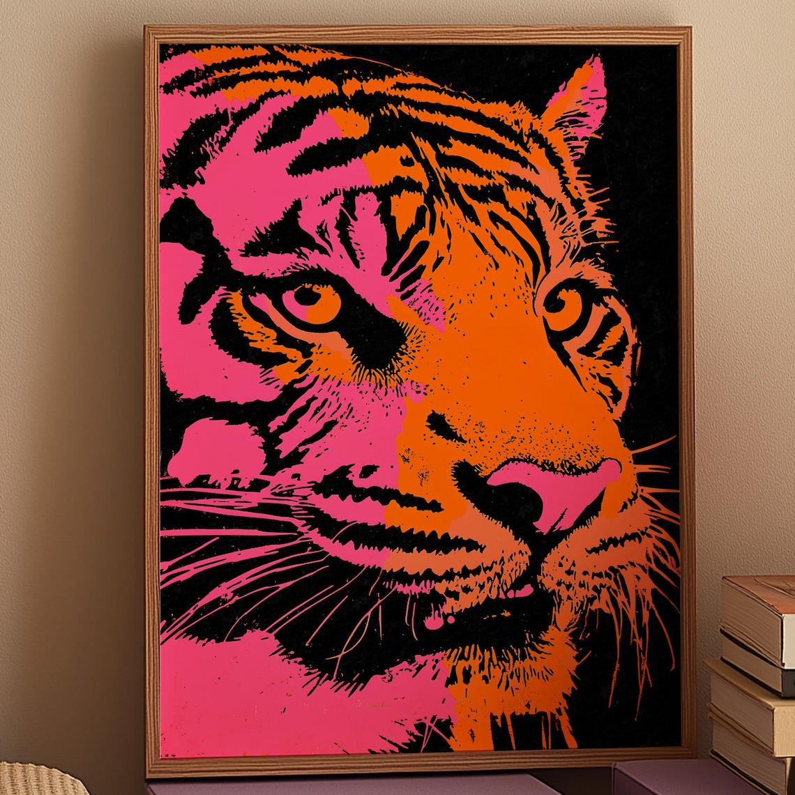 Pink Orange Tiger Face Close Up Split Color Pop Art Wall Poster