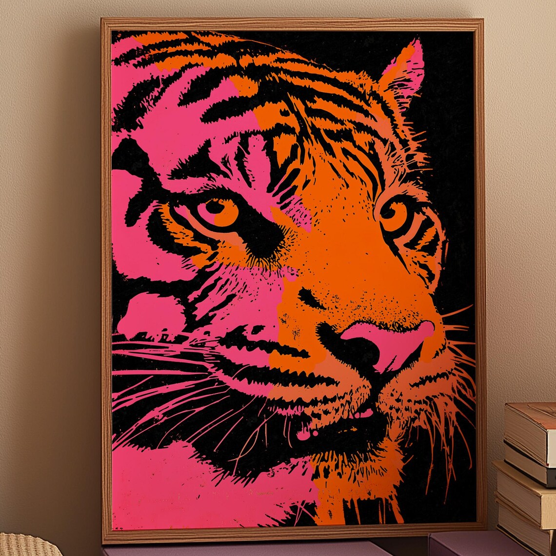 Pink Orange Tiger Pop Art Print Maximalist Wall Decor