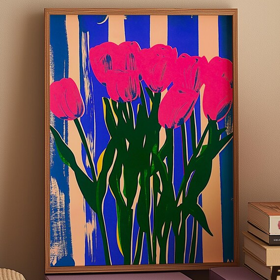 Pink Tulip Pop Art Print Bold Blue Stripes