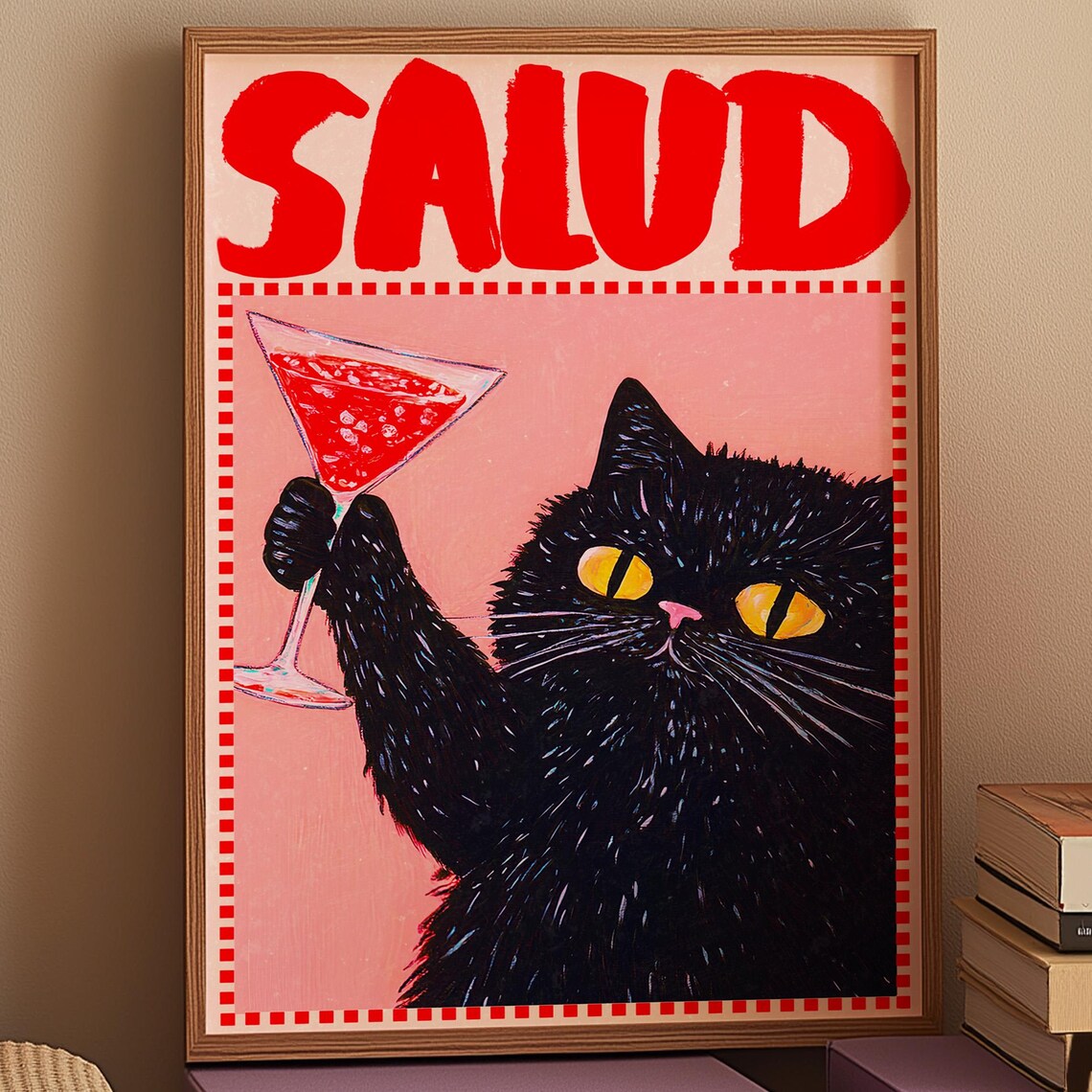 Salud Black Cat Raising Martini Retro Pink Cocktail Bar Art Poster