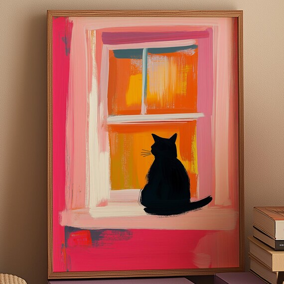 Black Cat Silhouette at Sunset Window Pink Orange Abstract Moody Art Poster