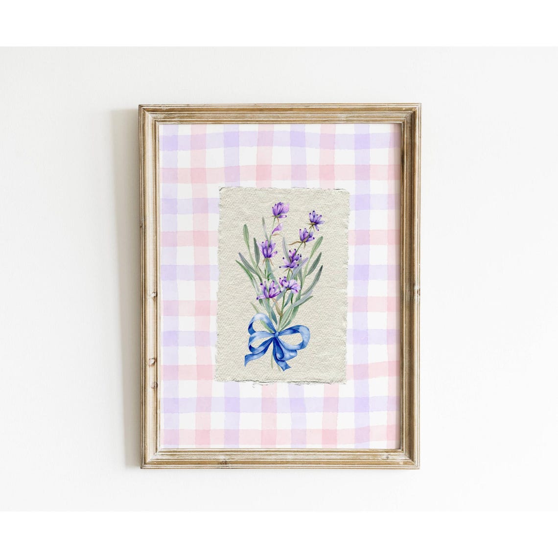 Lavender Bouquet Watercolor Blue Bow Gingham Check Art Poster