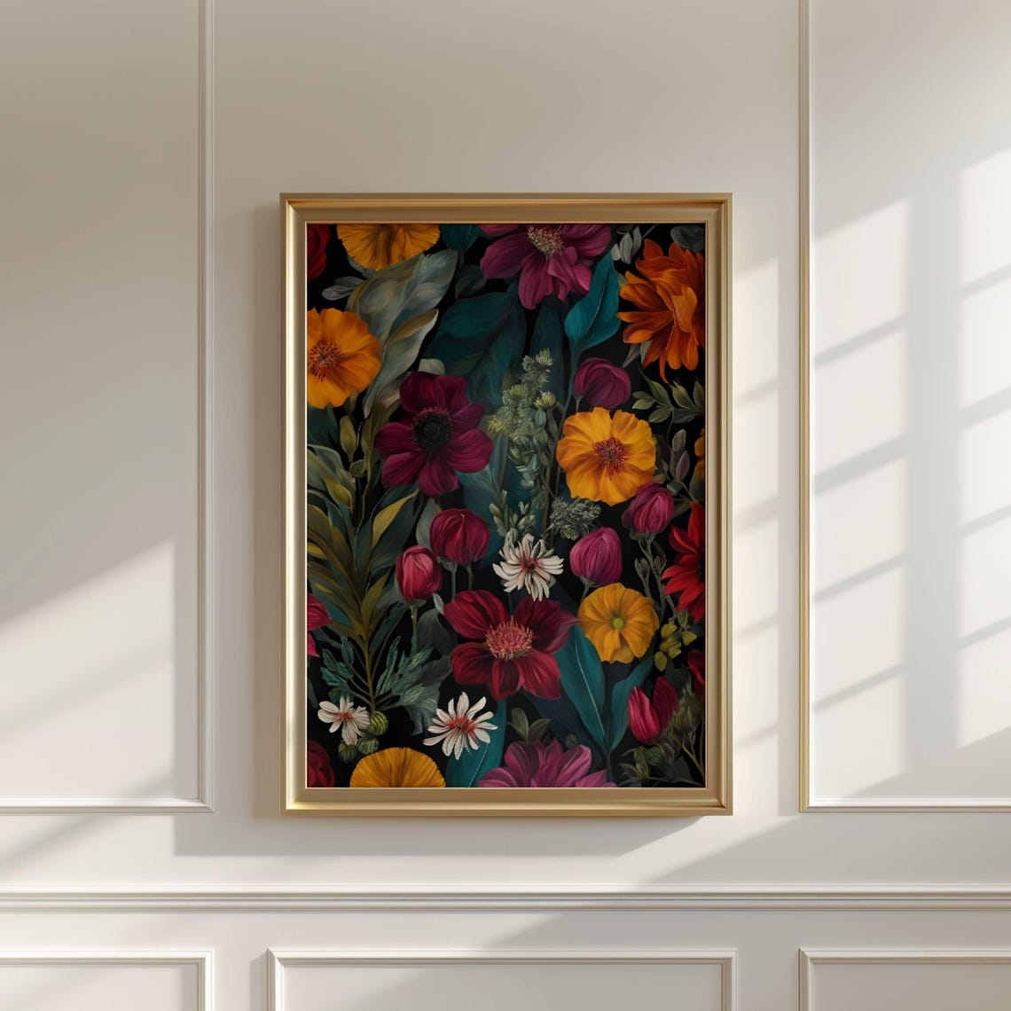 Vibrant Floral Pattern Black Background Modern Botanical Wall Art