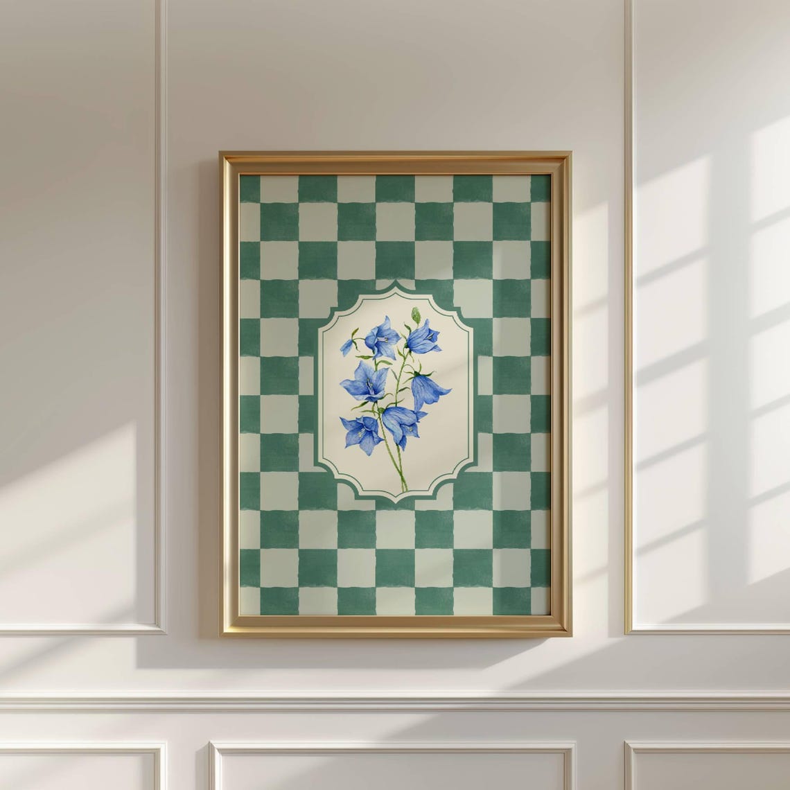 Blue Bellflowers Green Checkered Vintage Botanical Art Poster