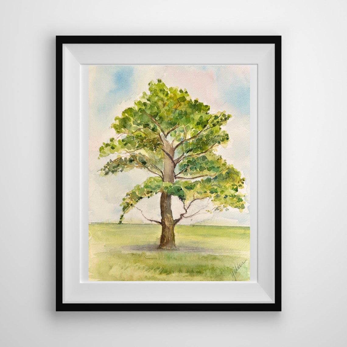 Majestic Lone Tree in Green Meadow Watercolor Nature Art Poster