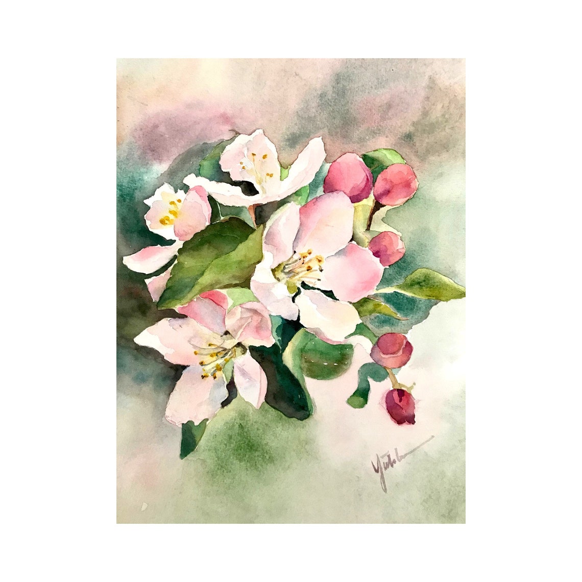 Spring Apple Blossom Watercolor Painting in Soft Tones Poster - Image 3