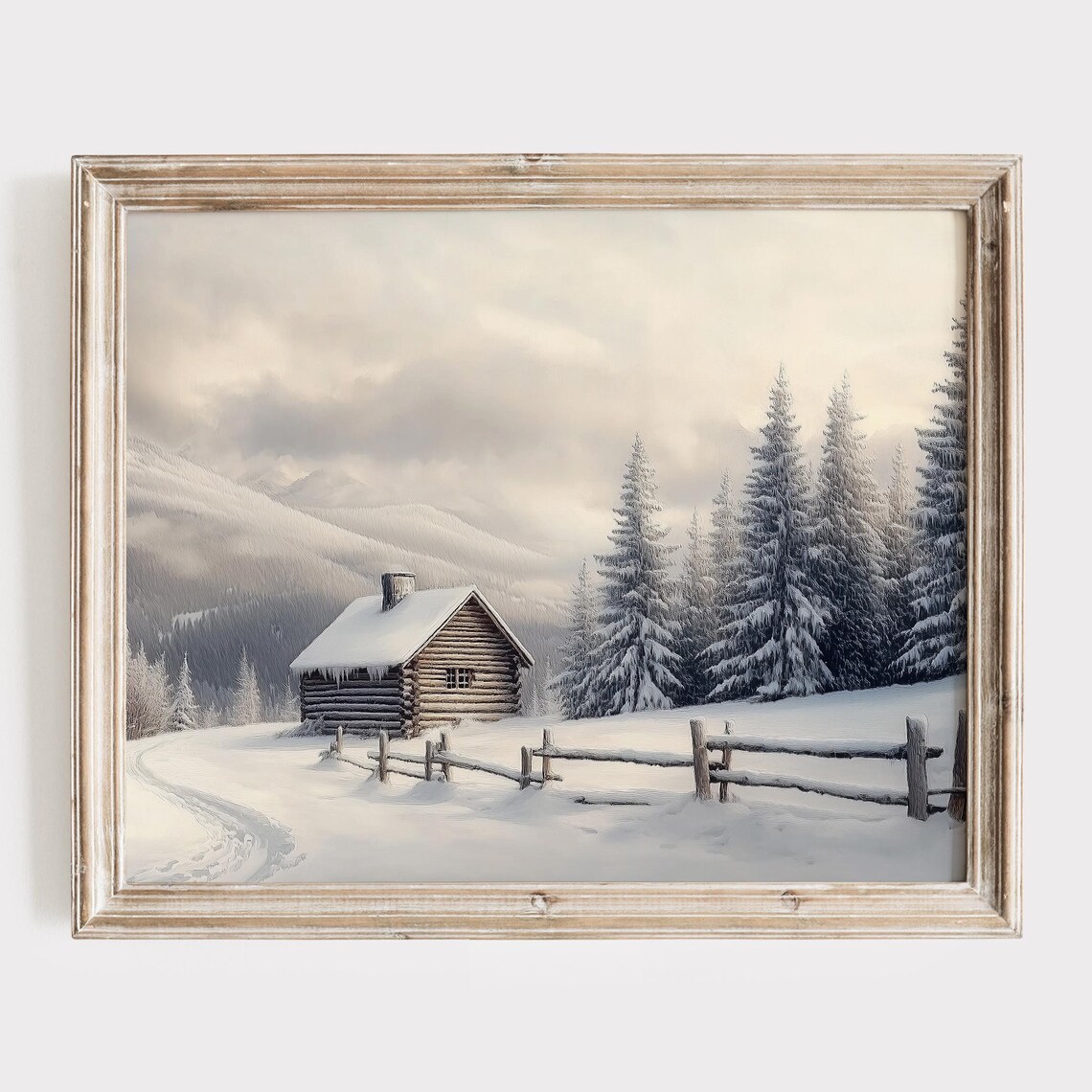 Snowy Log Cabin with Split Rail Fence among Fir Trees Poster