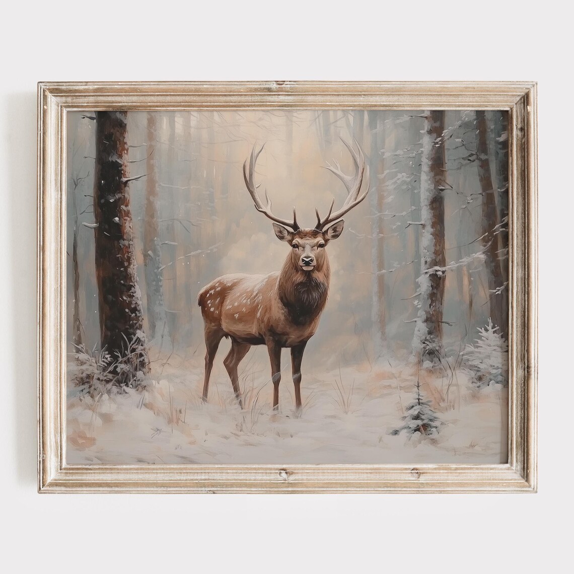 Majestic Stag with Antlers in Misty Snowy Forest Painting Poster
