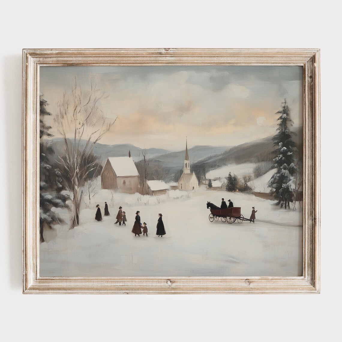 Vintage Winter Village Church Horse Sleigh Snowy Scene Poster