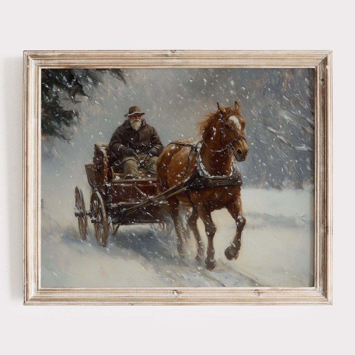 Bearded Man Horse Drawn Wagon Snowfall Vintage Painting Poster