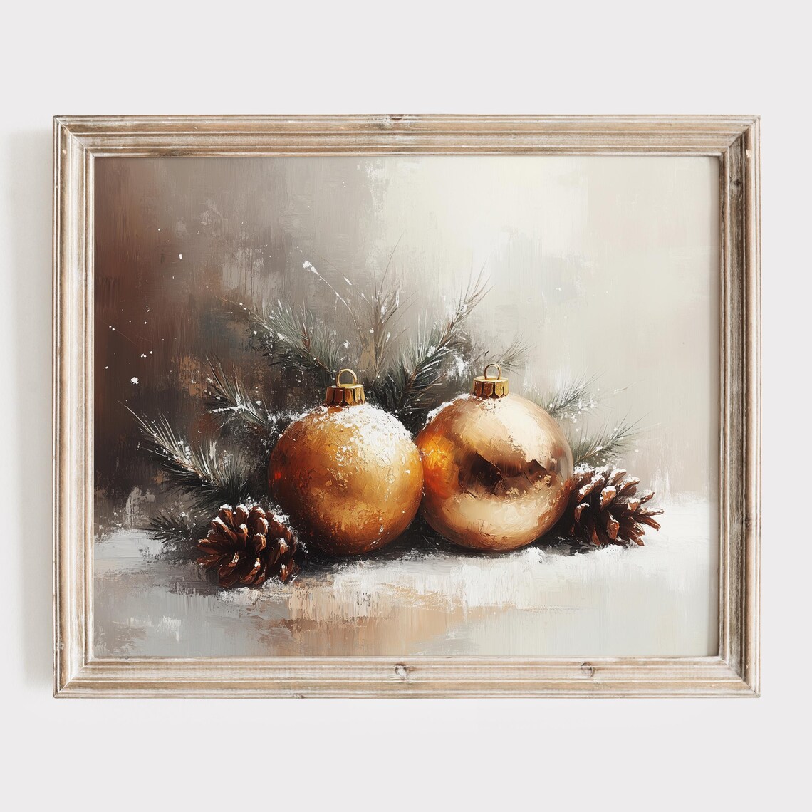 Golden Christmas Baubles In Snow Cozy Vintage Still Life Poster