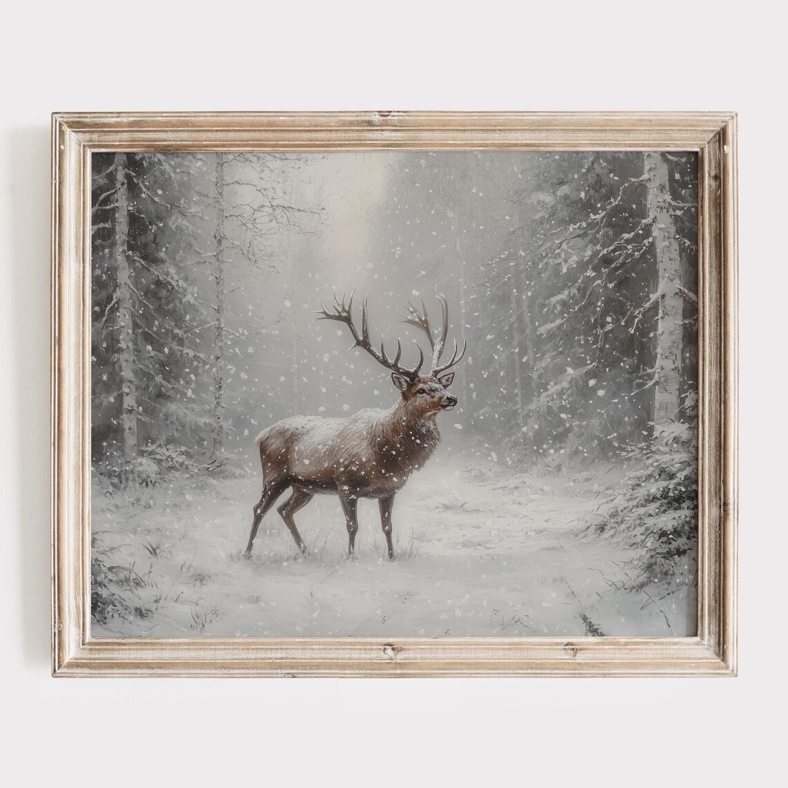 Stag In Snowy Forest Misty Winter Wildlife Oil Painting Poster