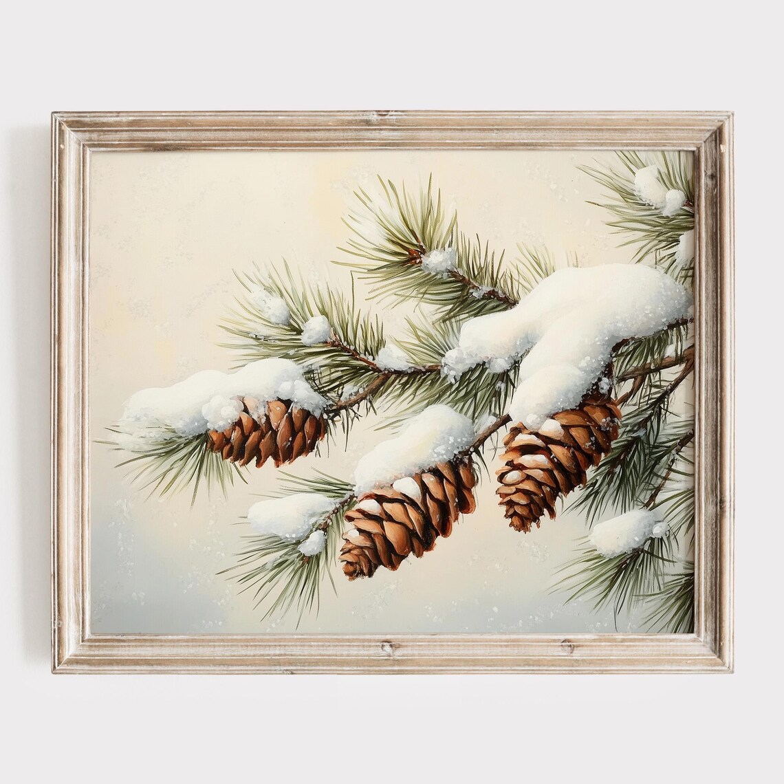 Snow-Covered Pine Branches with Pine Cones Winter Painting Poster