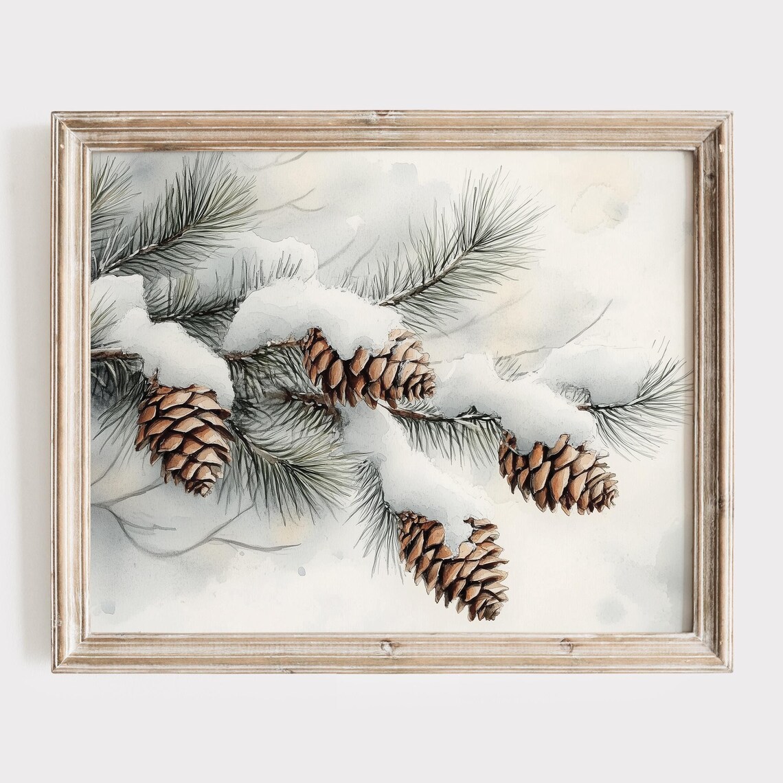 Snowy Pine Branch With Pinecones Delicate Watercolor Winter Poster