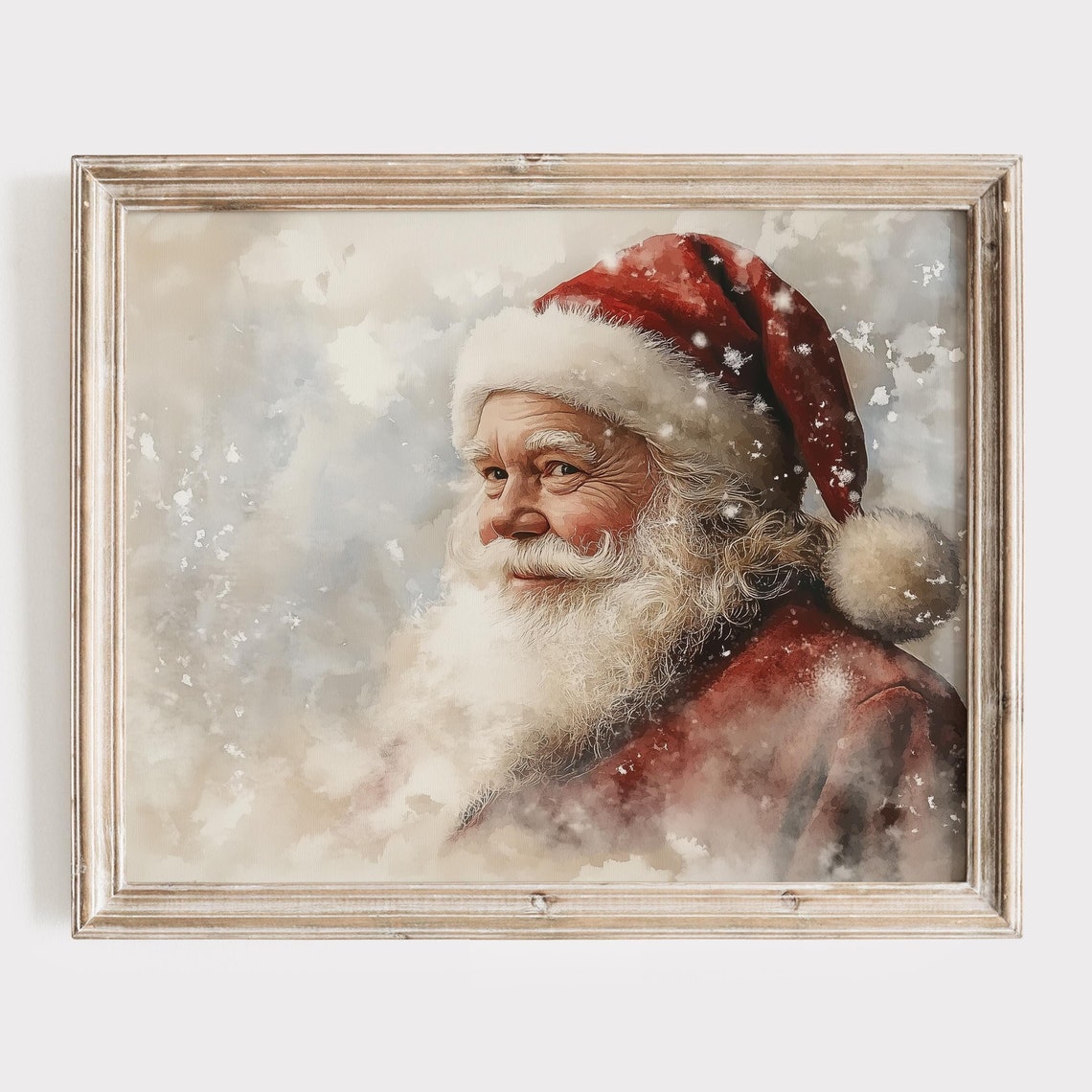 Jolly Santa Claus Smiling Through Soft Falling Snow Watercolor Poster