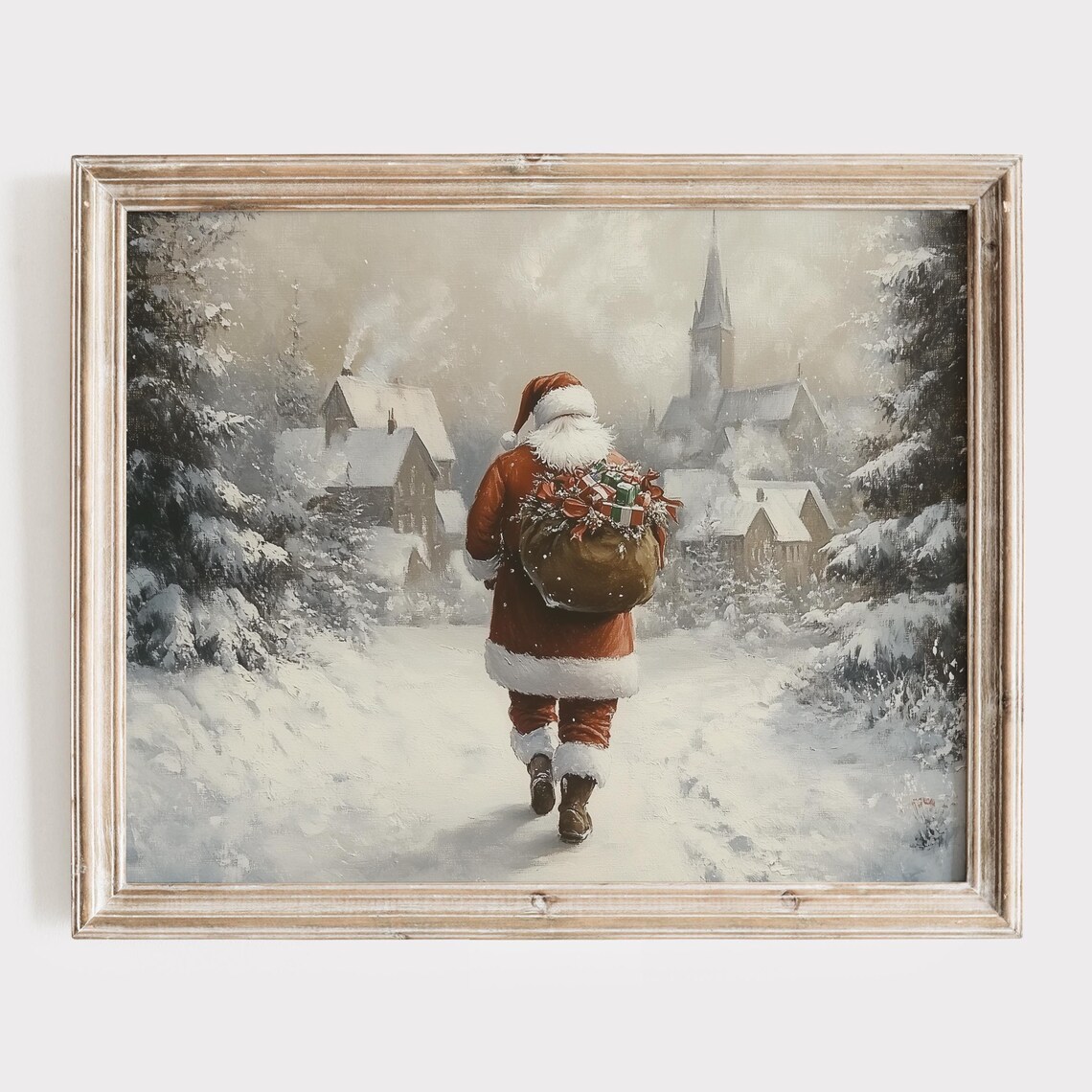 Santa Claus Gift Sack Walking Away to a Snowy Village Poster