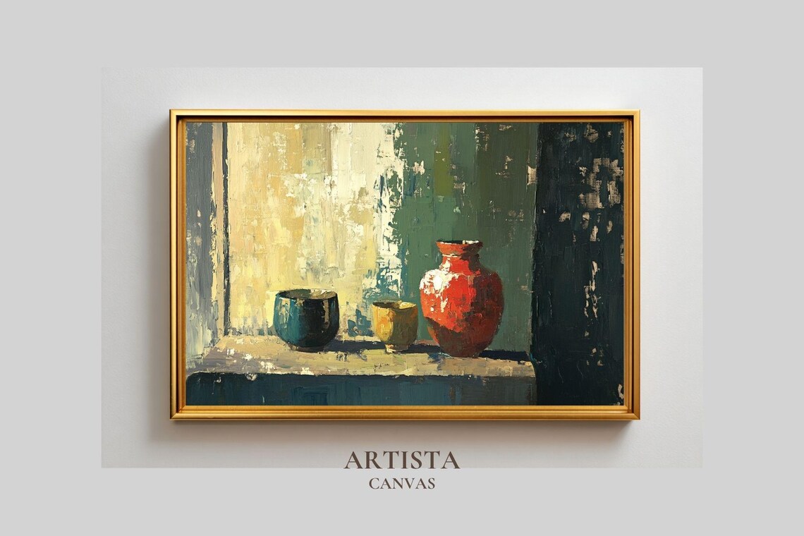 Rustic Red Vase Still Life Textured Oil Painting Kitchen Poster