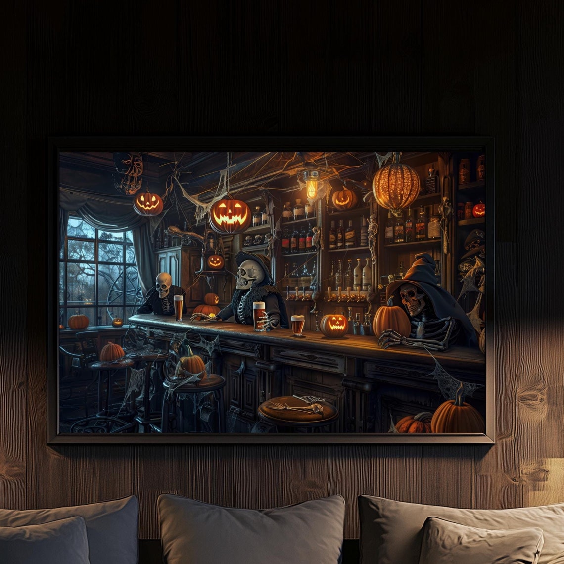 Spooky Skeleton Friends Drinking At Haunted Halloween Bar Poster