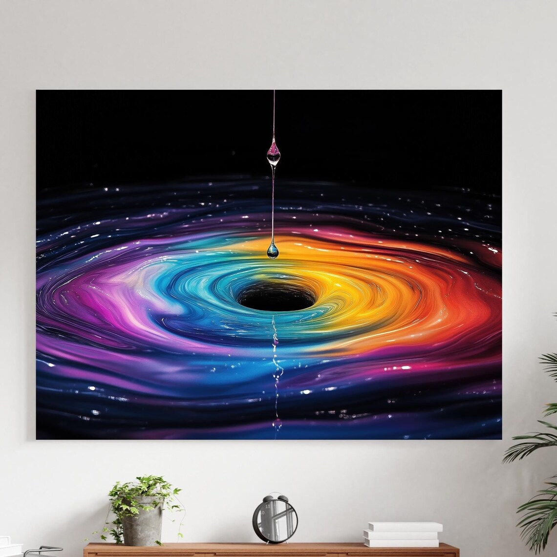 Vibrant Cosmic Whirlpool Single Droplet Rainbow Spiral Art Poster