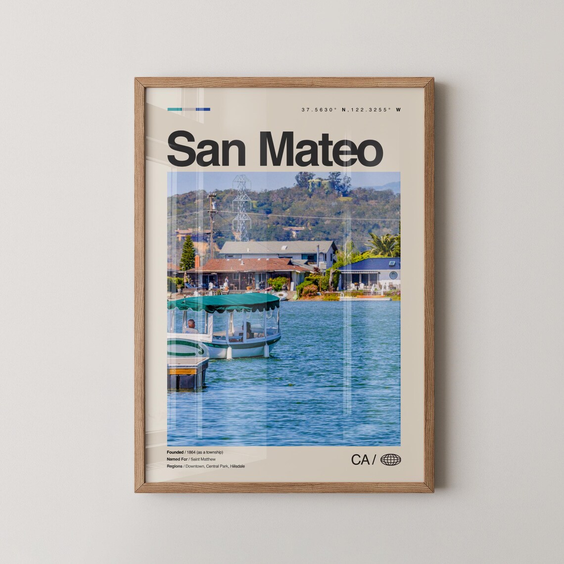 San Mateo California Poster Lakeside Boat Travel Photo Decor