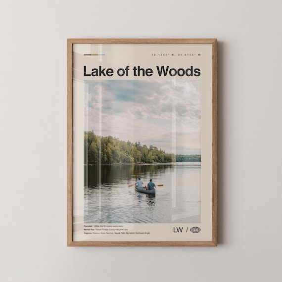 Lake of the Woods Canoeists Glassy Water Forest Vintage Lake Poster