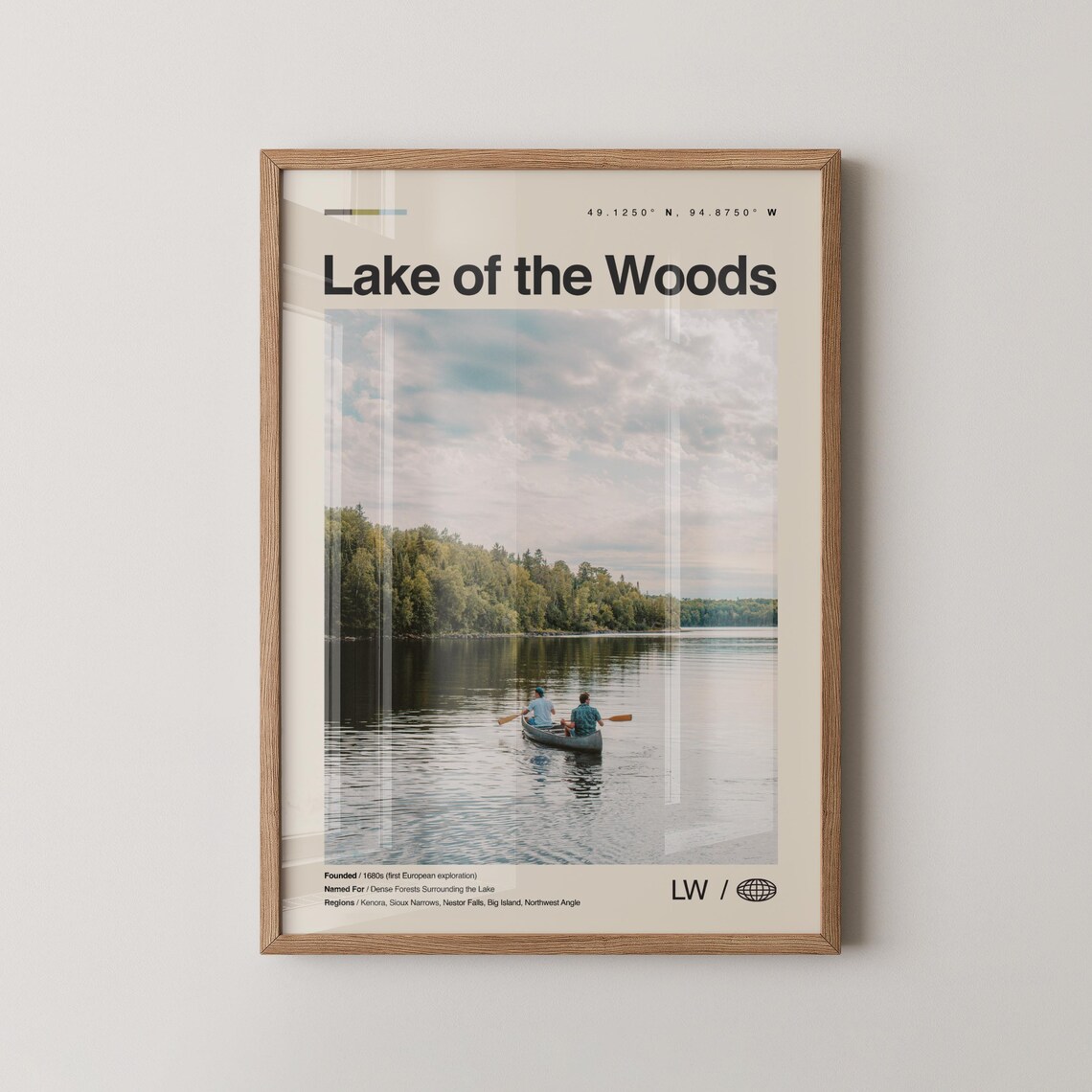 Lake of the Woods Canoeists Glassy Water Forest Vintage Lake Poster
