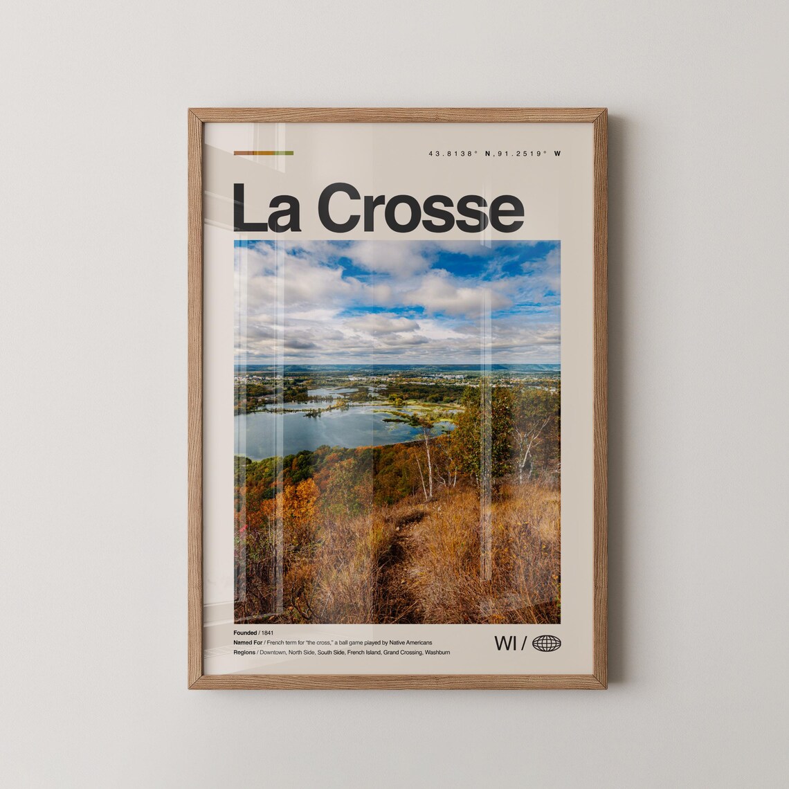 La Crosse Print Real Photo Travel Art Poster Mid Century Minimal Wall Map Wisconsin