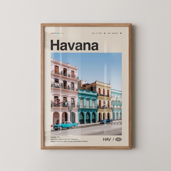Havana Cuba Travel Poster Colorful Colonial Street with Classic Car