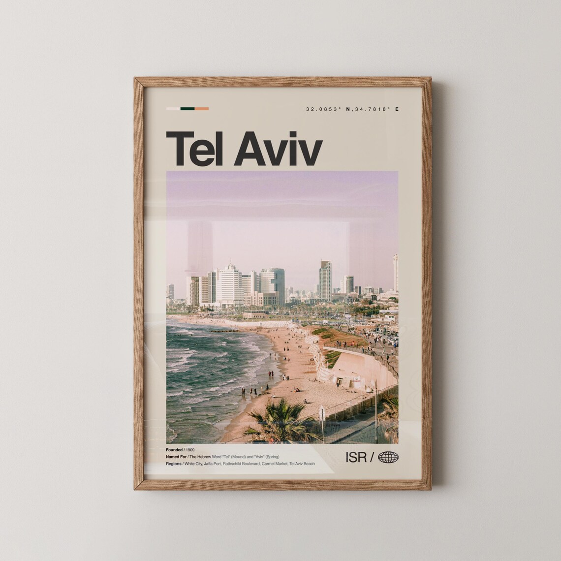 Tel Aviv Israel Beach Skyline Photo Poster with Coordinates and Facts