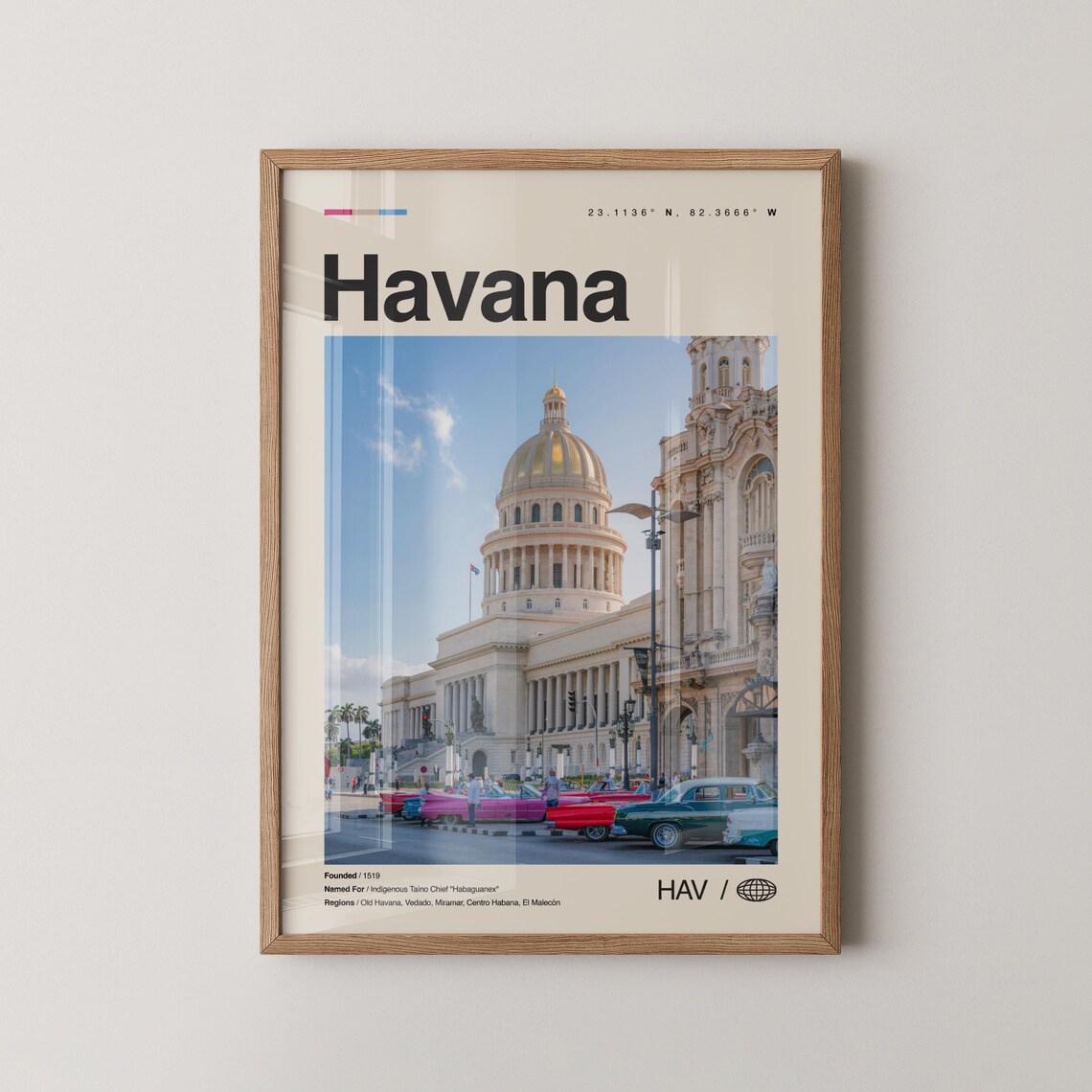 Havana Cuba Travel Poster Capitolio Dome with Pink Vintage Cars