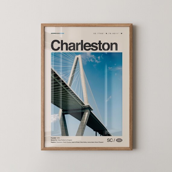 Charleston Print Real Photo Travel Art Poster Mid Century Minimal Wall Map South Carolina