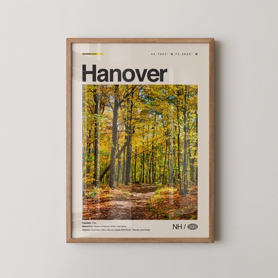 Hanover Print Real Photo Travel Art Poster Mid Century Minimal Wall Map New Hampshire