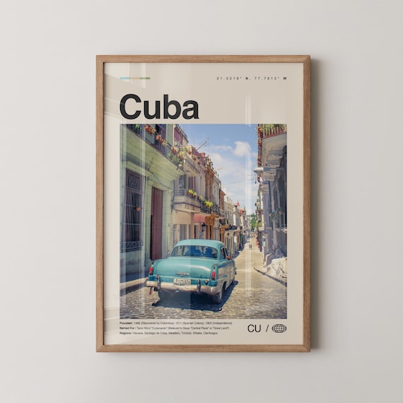 Havana Cuba Classic Blue Car on Historic Street Photo Poster