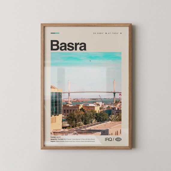 Basra Bridge Travel Poster Iraq Skyline Photo with City Coordinates