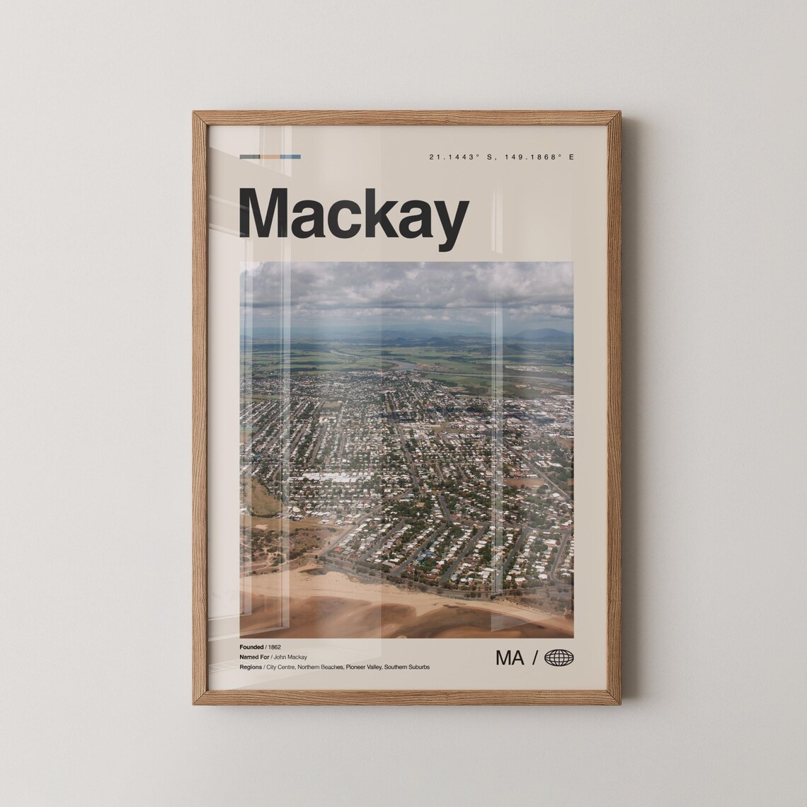 Mackay Australia Aerial Coastal City and Beach Modern Travel Poster