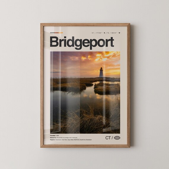 Bridgeport Connecticut Lighthouse Sunset Marsh Photo City Travel Poster