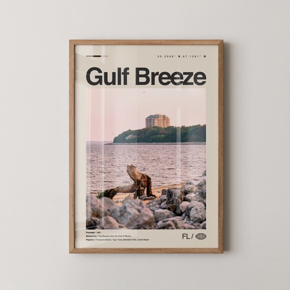 Gulf Breeze Florida Rocky Shore Driftwood Minimal Travel Poster