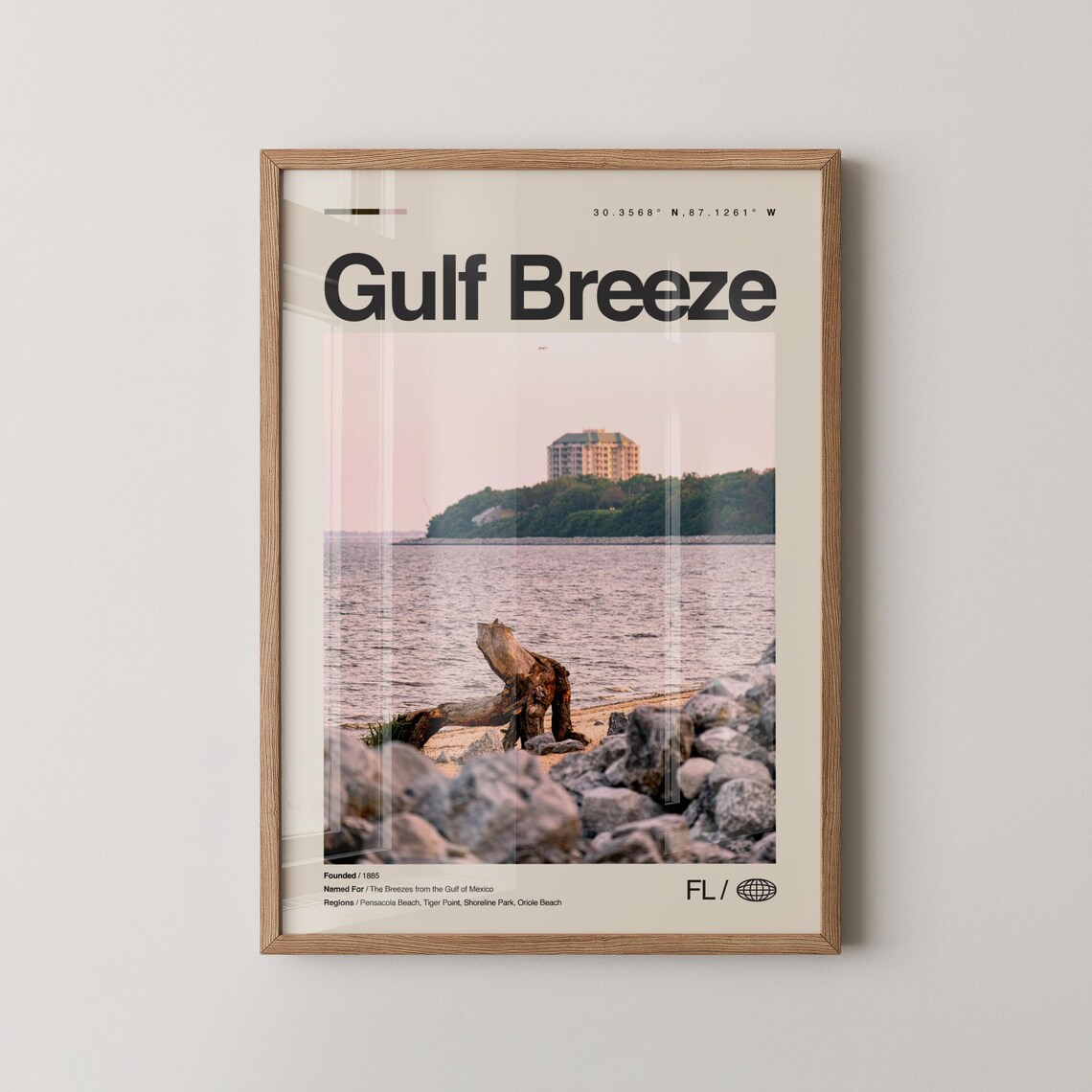 Gulf Breeze Florida Rocky Shore Driftwood Minimal Travel Poster